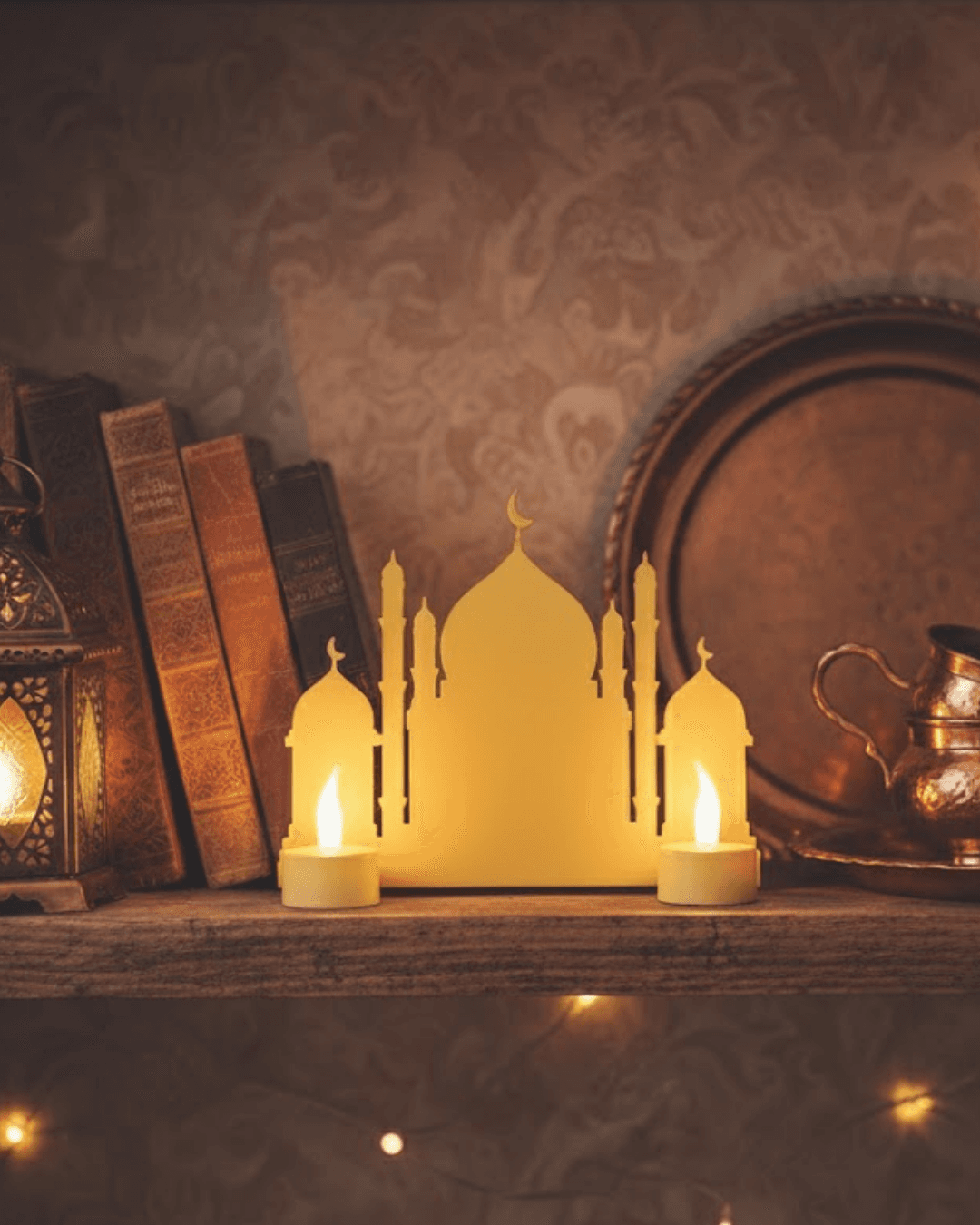 3D İki Mumlu Cami Masa Üstü Dekor LED Mumlu Ramazan Dekorasyonu