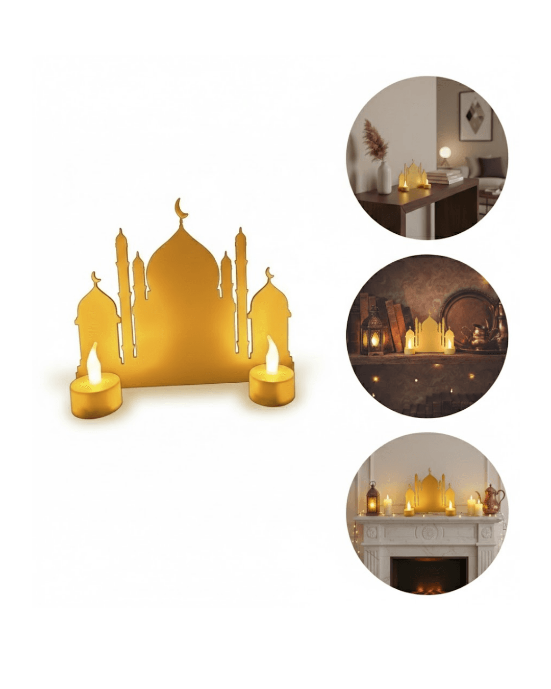 3D İki Mumlu Cami Masa Üstü Dekor LED Mumlu Ramazan Dekorasyonu 4