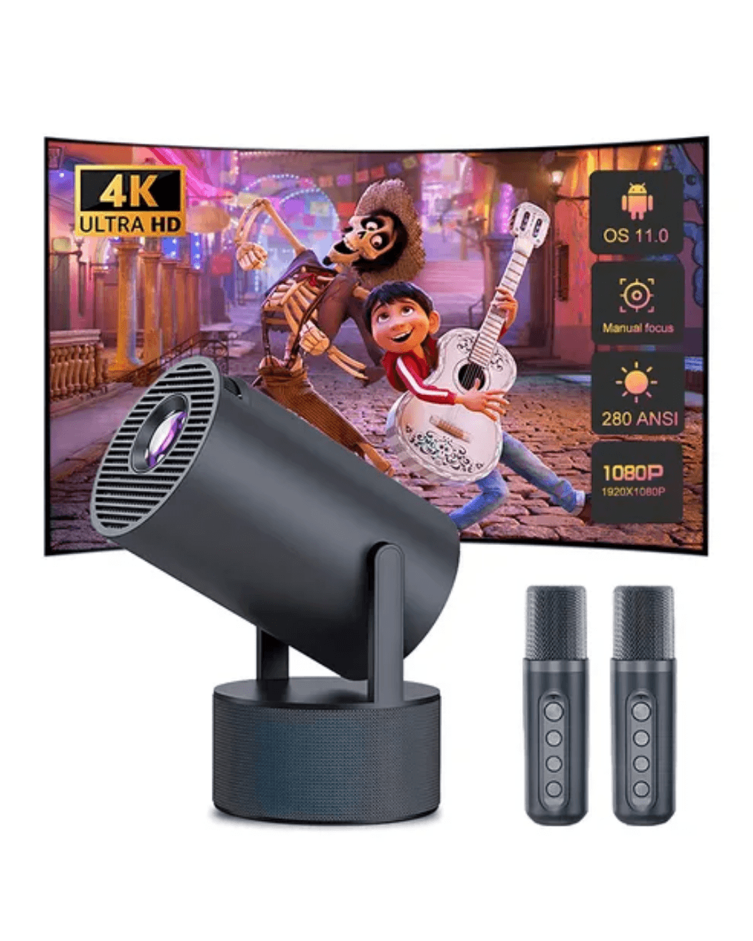 Android Sistemli Karaoke Projeksiyon 1080P Çift Mikrofon 180° Döner Başlık 5