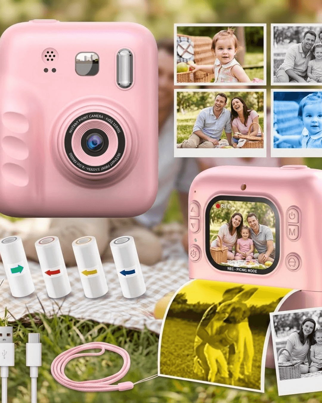 Çocuk Dijital Fotoğraf Makinesi Anında Baskı ve HD Video Kayıt 5 Kalem 4 Rulo Kağıt Hediye