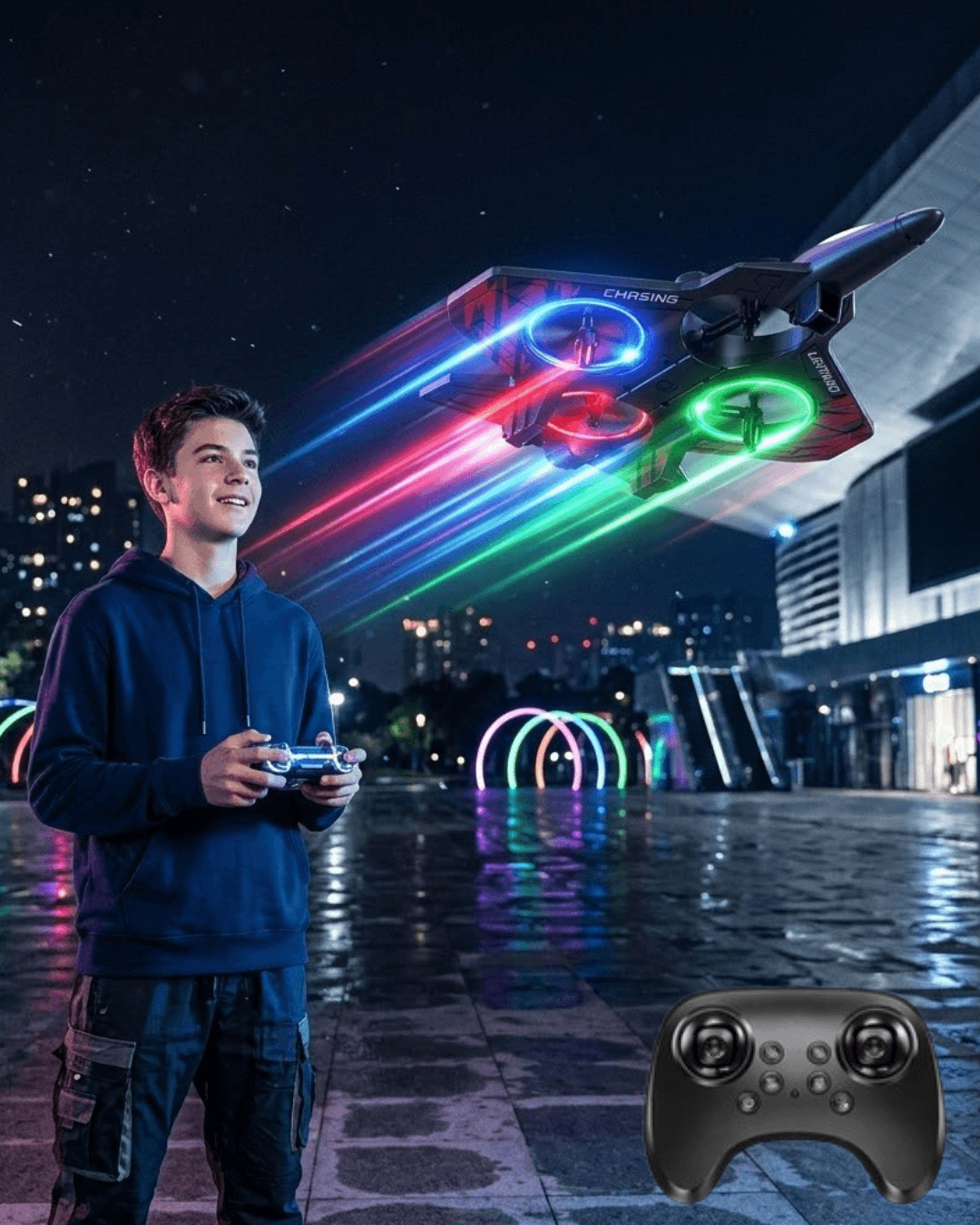LED Işıklı Fighter Jet Drone Uzaktan Kumandalı Akrobatik Oyuncak Uçak 360° Dönüş