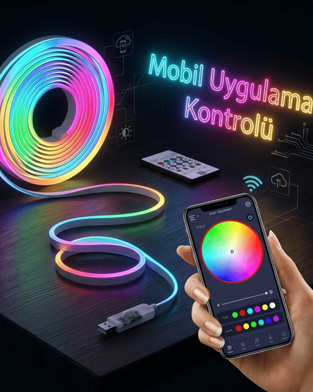 Akıllı RGB LED Neon Şerit Işık 3M USB Uzaktan Kumanda ve Mobil Uygulama