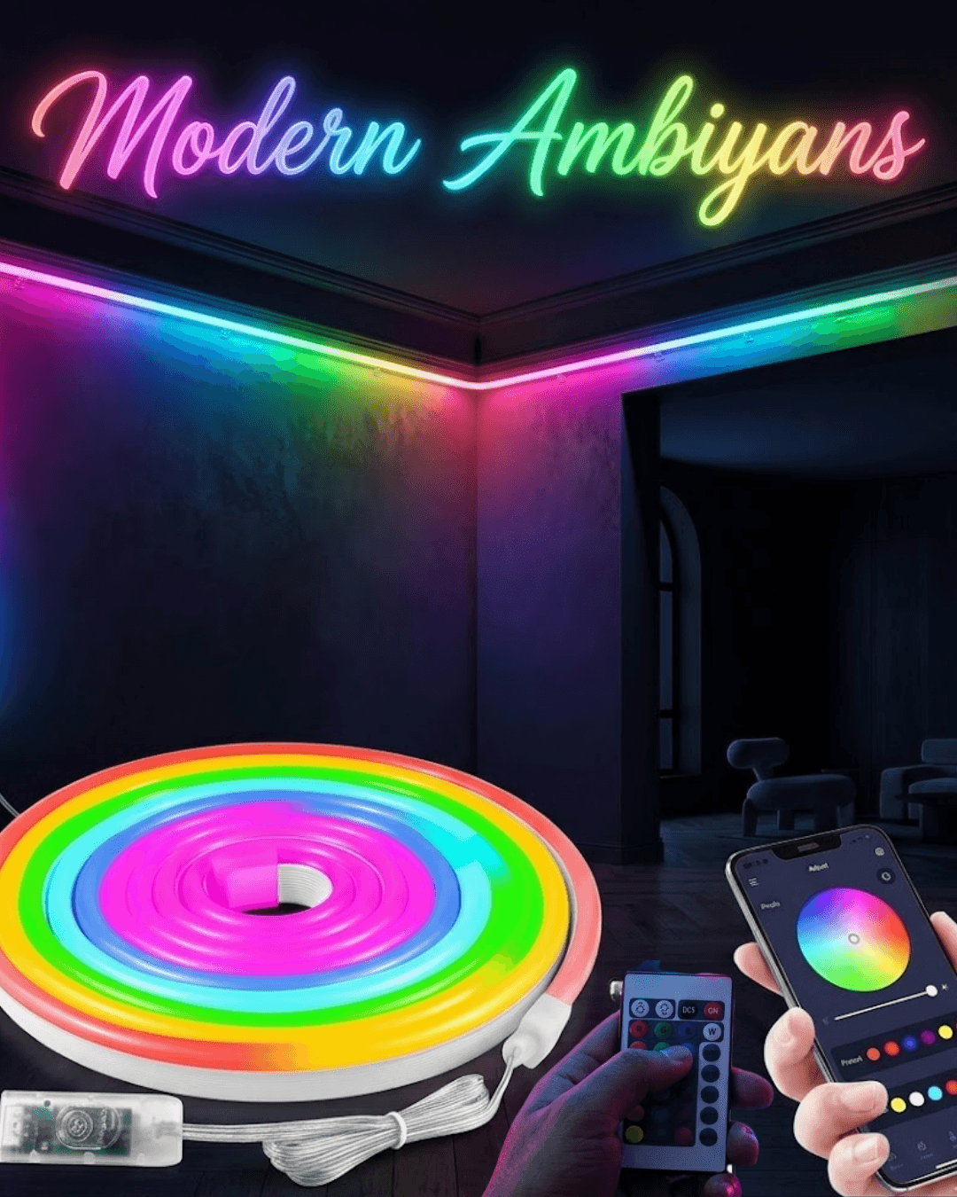 Dekoratif RGB LED Neon Şerit Işık 3 Metre Su Geçirmez Uzaktan Kumandalı
