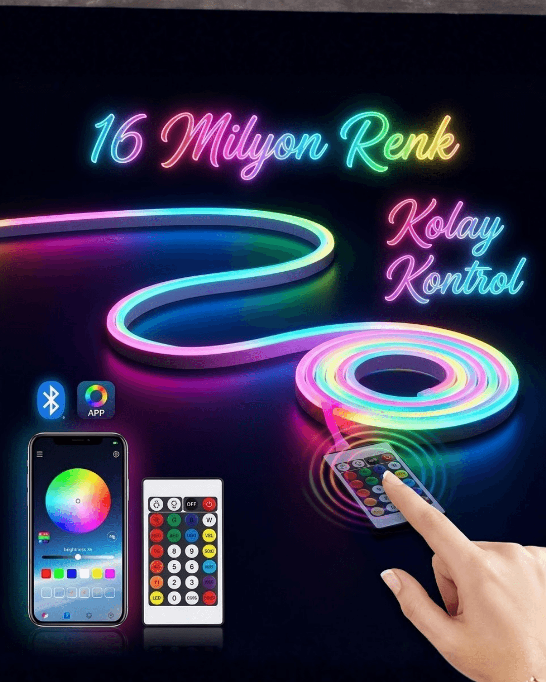 3M RGB Akıllı Neon LED Şerit Işık Telefon ve Kumanda Kontrollü TV Arka Aydınlatma
