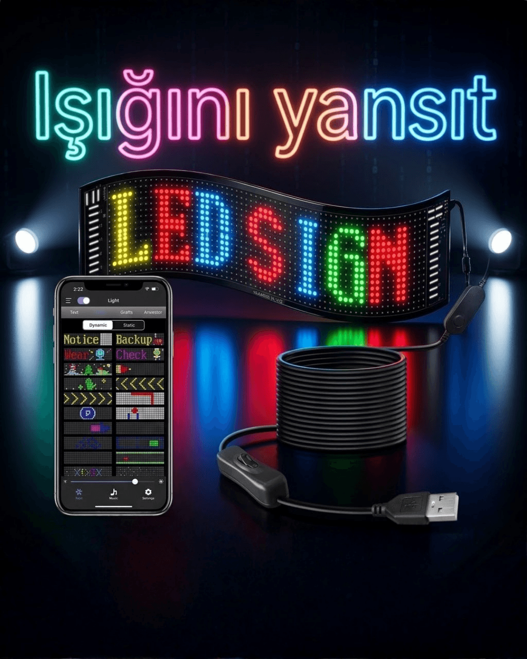 LED Matris 60 cm RGB Panel 16x96 Piksel Esnek Ekran USB Kontrollü