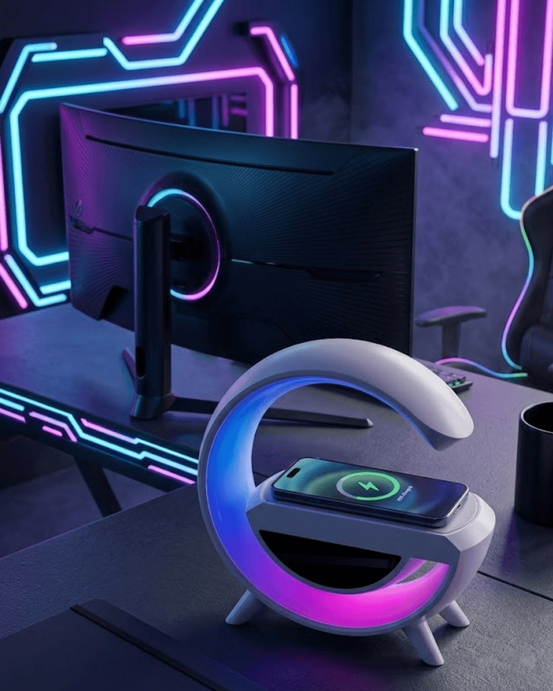 GOOGLE DİGİTAL Kablosuz Şarj Bluetooth Hoparlör RGB Işık Dijital Saat