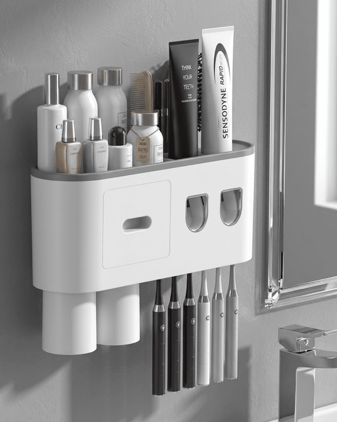 Otomatik Diş Macunu Dispenseri Çift Hazneli 6 Fırçalık Duvara Monte Banyo Düzenleyici