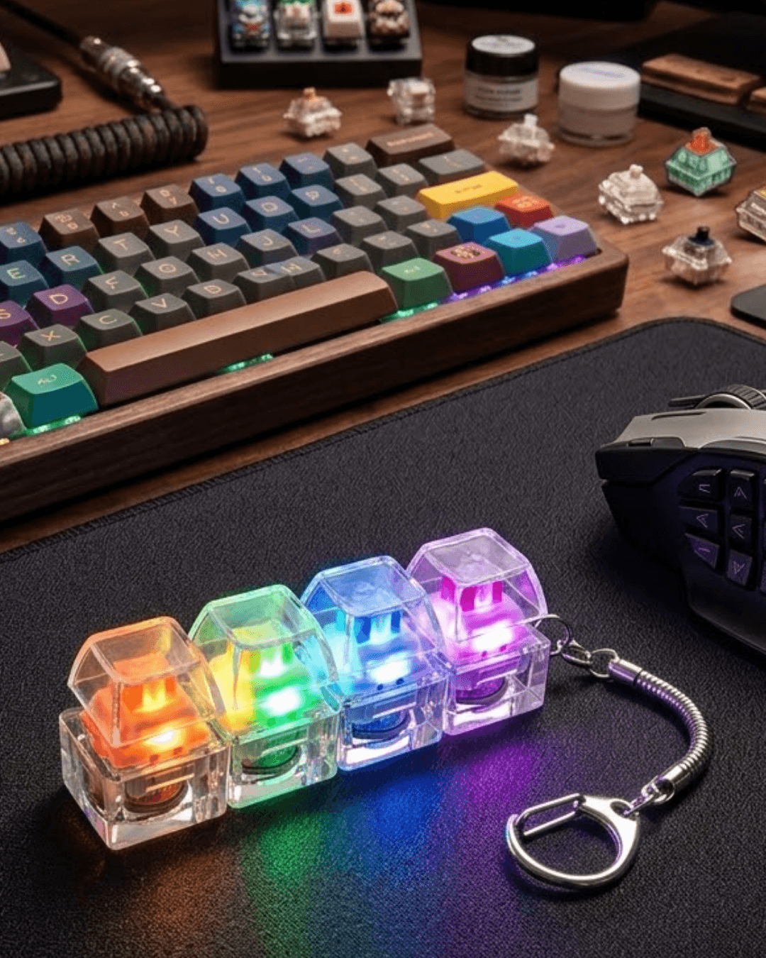 Işıklı Mekanik Tuş Anahtarlık Klik Sesli Stres Oyuncağı Fidget 4 Tuş