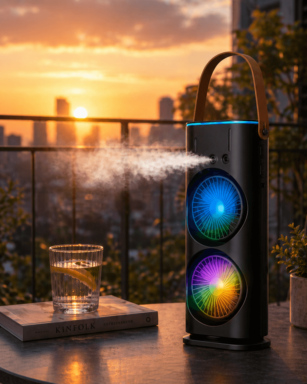 Şarjlı Buharlı Serinletici Fan RGB Işıklı Çift Pervaneli Masa Fanı USB