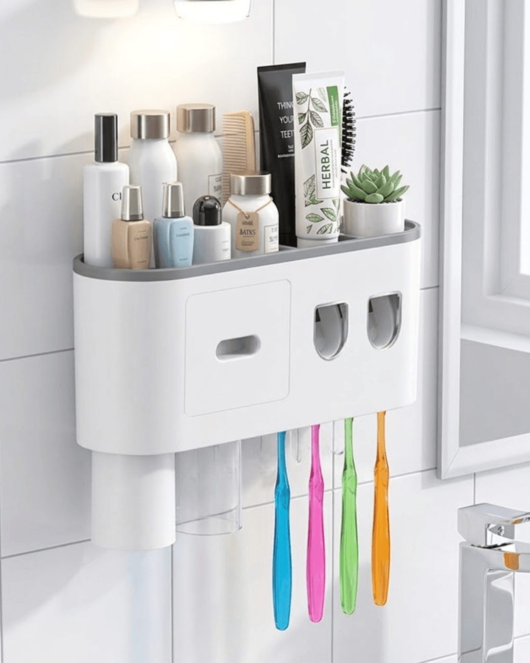 Banyo Organizer Diş Fırçası Tutucu Çift Dispenserli Raflı Çekmeceli Hijyenik Düzenleyici