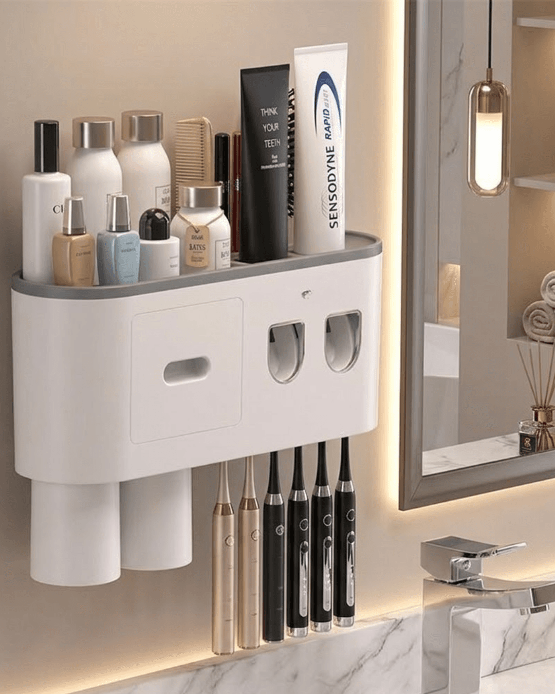 Diş Fırçası Tutucu Duvara Monte Banyo Düzenleyici Çift Diş Macunu Dispenserli