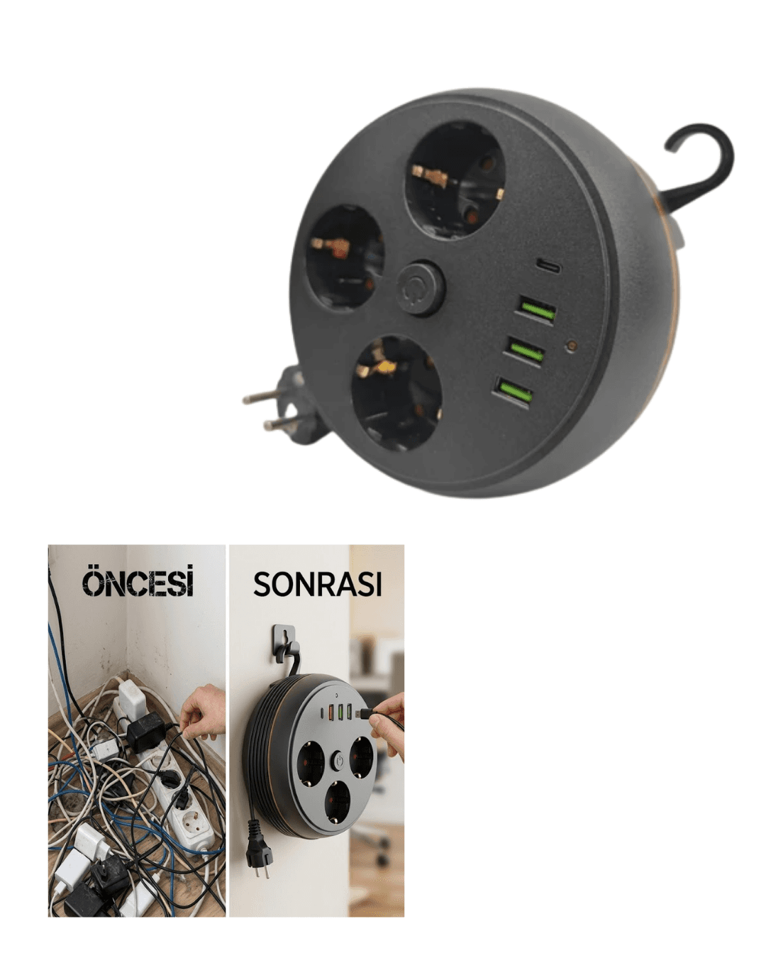 Sargılı Akım Koruma 3395 3 Priz 3 USB Type-C 2m Kablo Uzatma 6