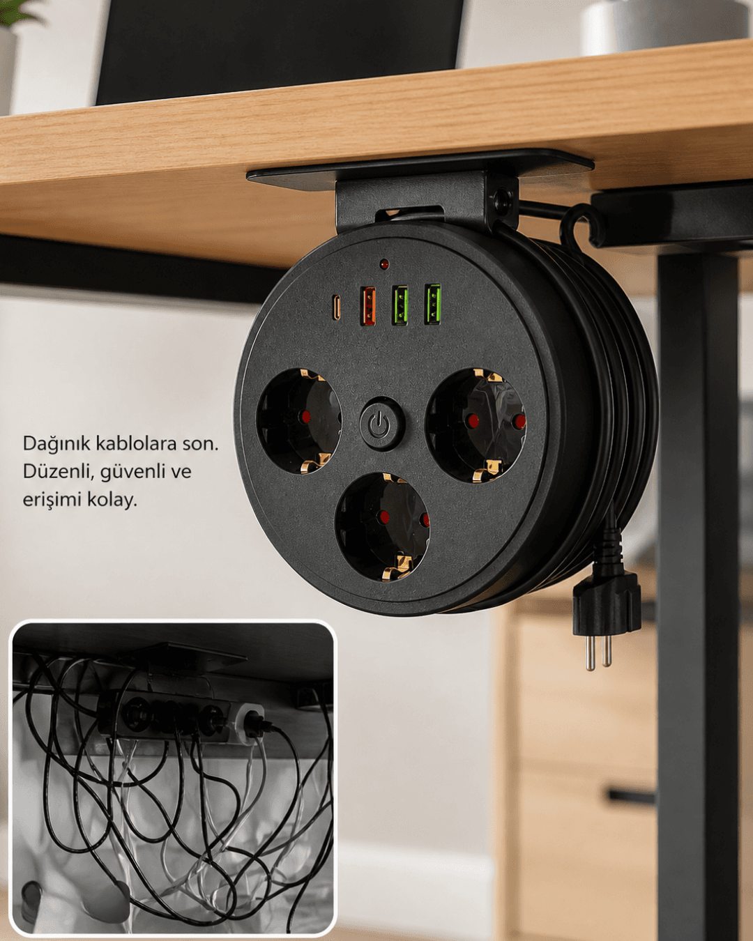 Akım Korumalı Priz 3lü USB Type C Girişli 2 Metre Kablo Dayanıklı Çoklu Priz