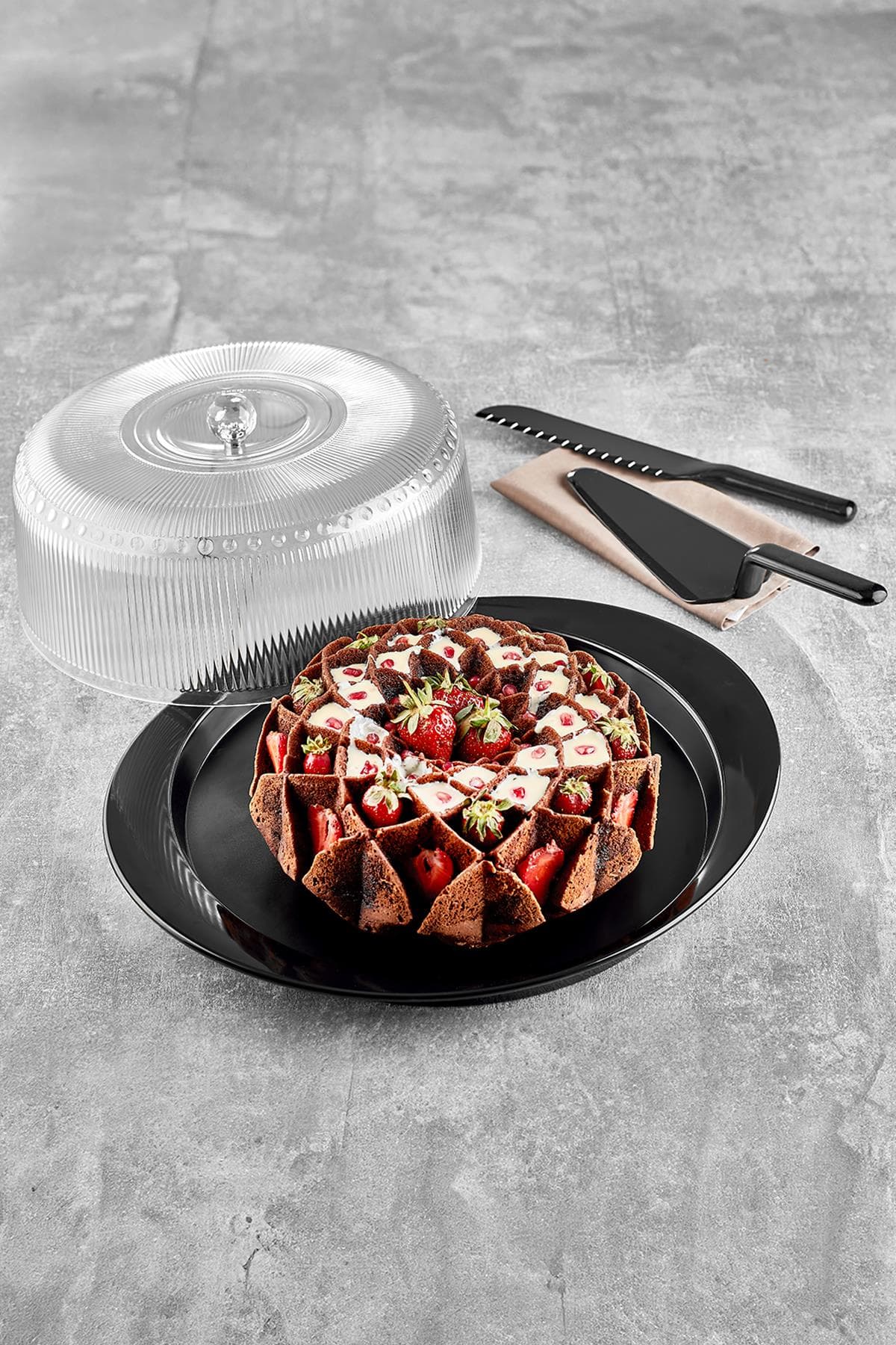 Akrilik Barok Siyah 4 Parça Kek Fanus & Kek Saklama Kabı & Şık Sunum Organizeri