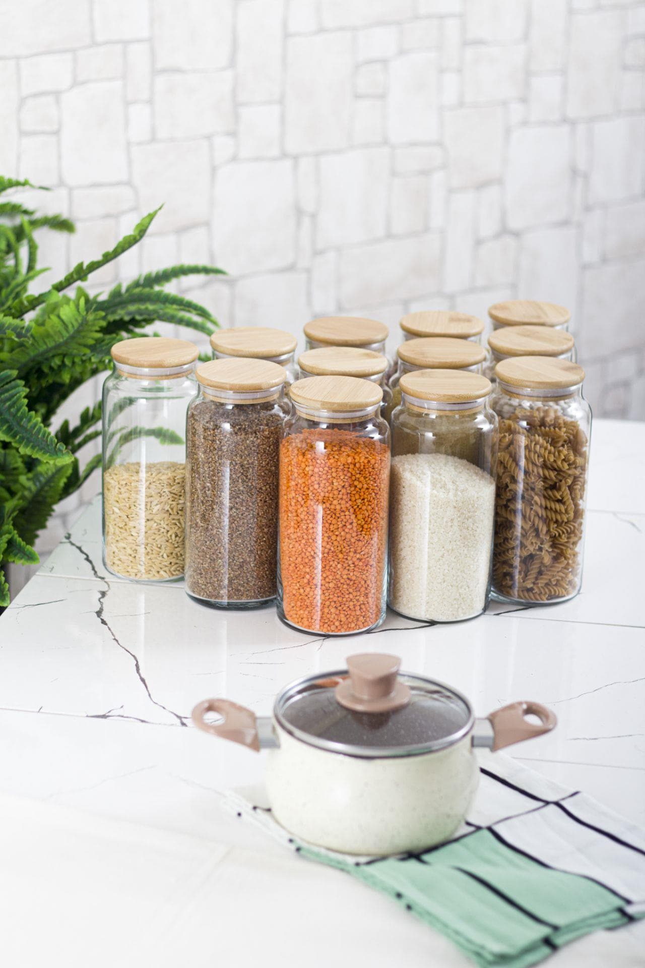 Premium 12'li Bambu Kapaklı Cam Kavanoz Seti - 1.3 Lt Vakumlu Erzak Saklama Kabı