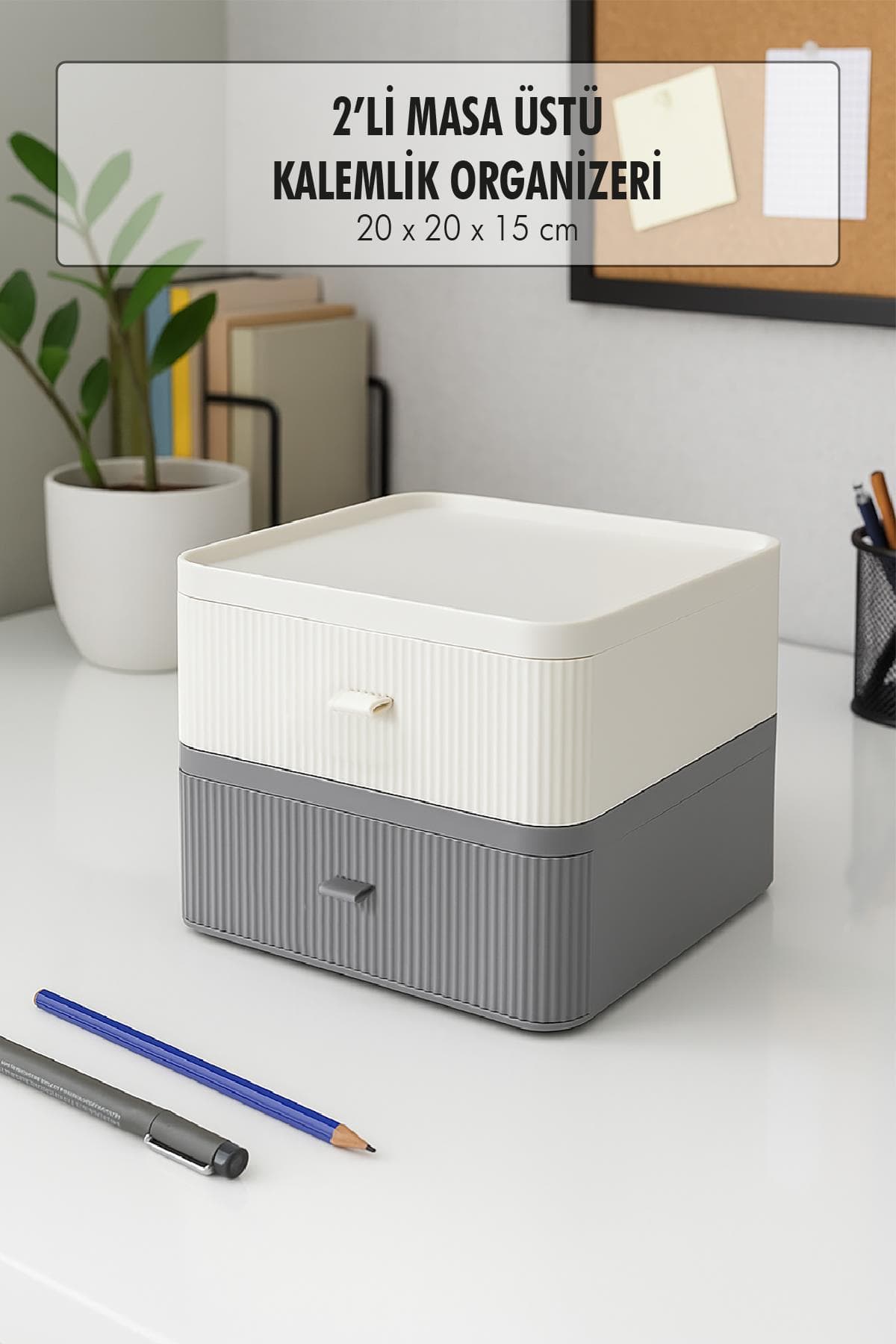 2 Katlı Çekmeceli Kalemlik & Ofis Masa Üstü Düzenleyici & Çok Amaçlı Organizer Gri Beyaz