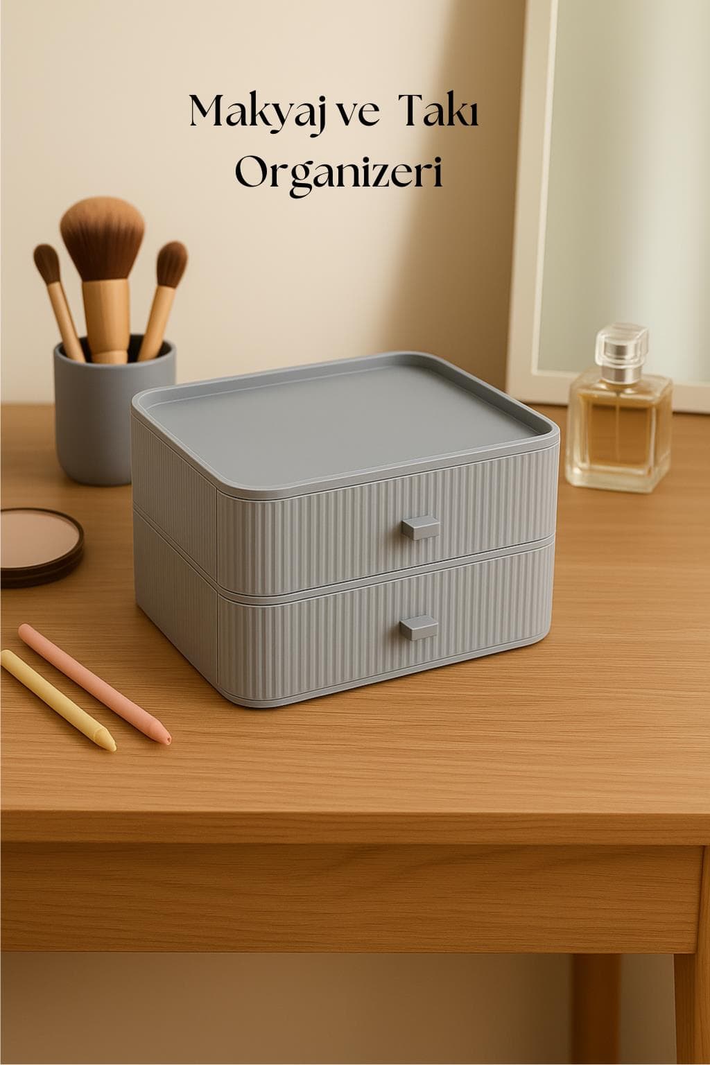 2 Katlı Çekmeceli Makyaj Organizeri & Çok Amaçlı Düzenleyici Gri