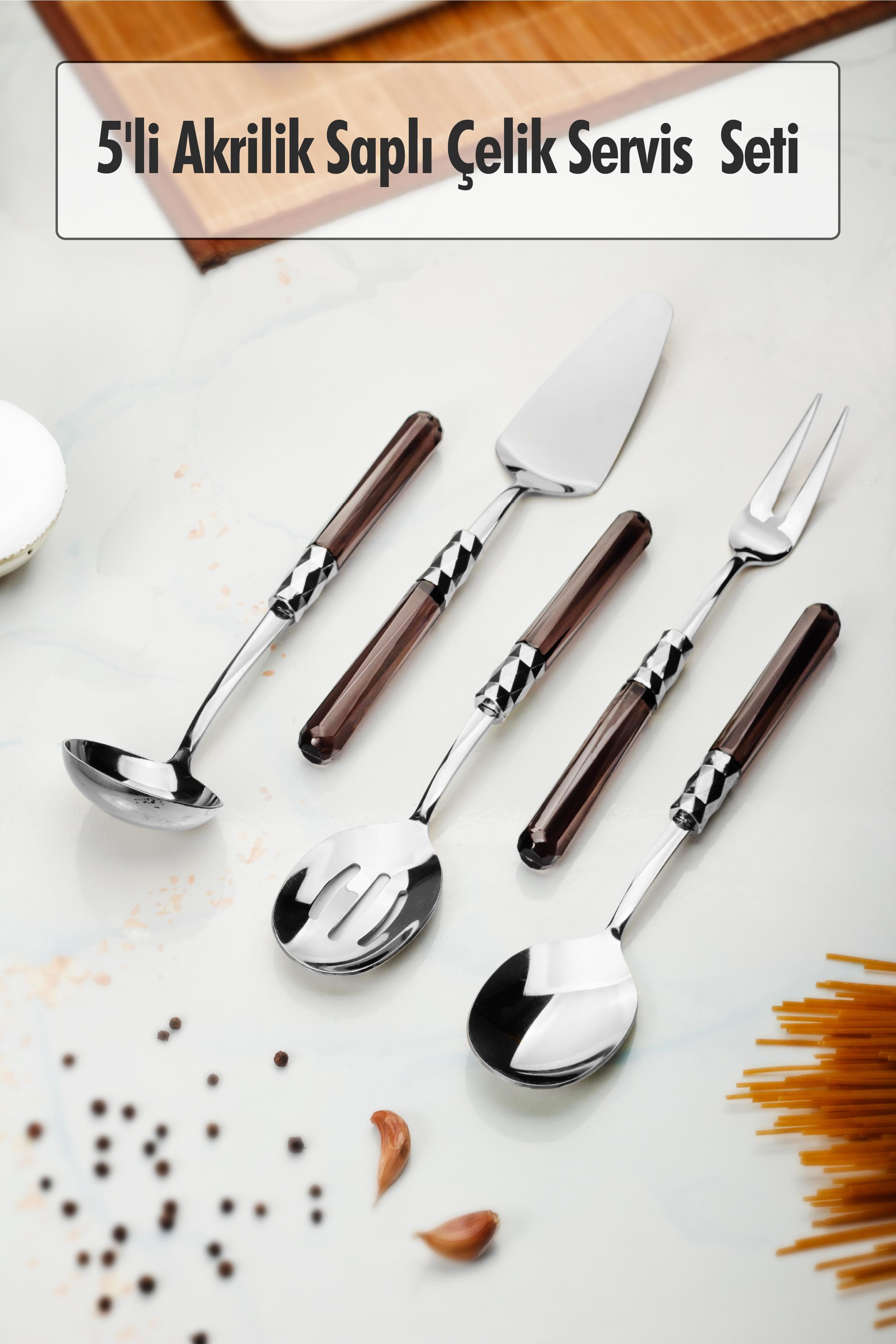 5 Parça Platin Servis Seti & Servis Sunum Seti Füme ( Kepçe / Kevgir / Sıpatula / Çatal / Kaşık )
