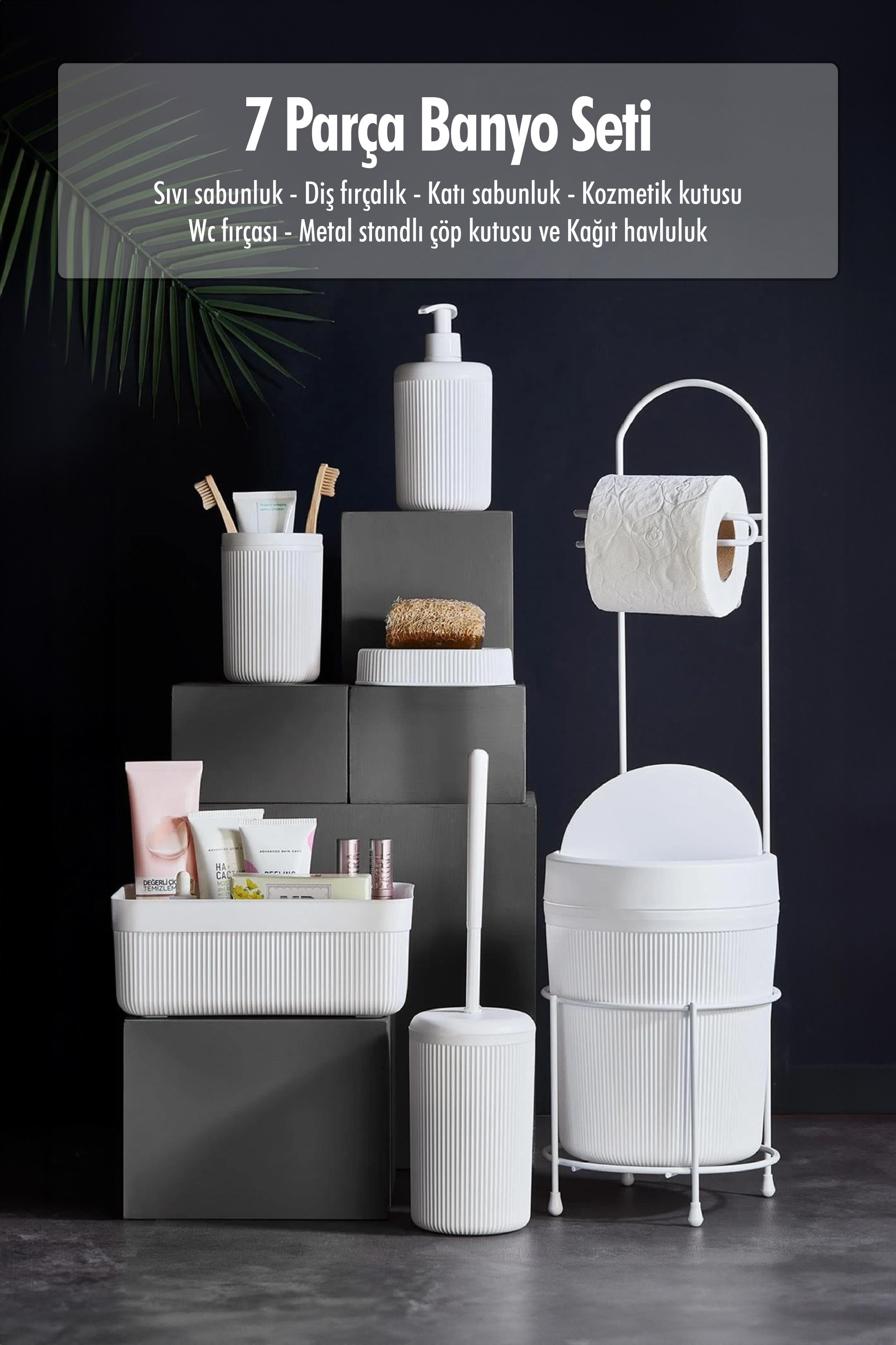 7 Parça Beyaz Banyo Seti Metal Stantlı Kovalı Wc Kağıtlık Kozmetik Kutusu Diş Fırçalık Ve Sabunlukla