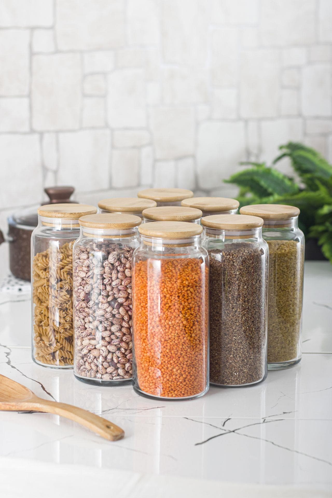 Premium 9'lu Bambu Kapaklı Cam Kavanoz Seti 1.3 Lt - Vakumlu Erzak Saklama Kabı