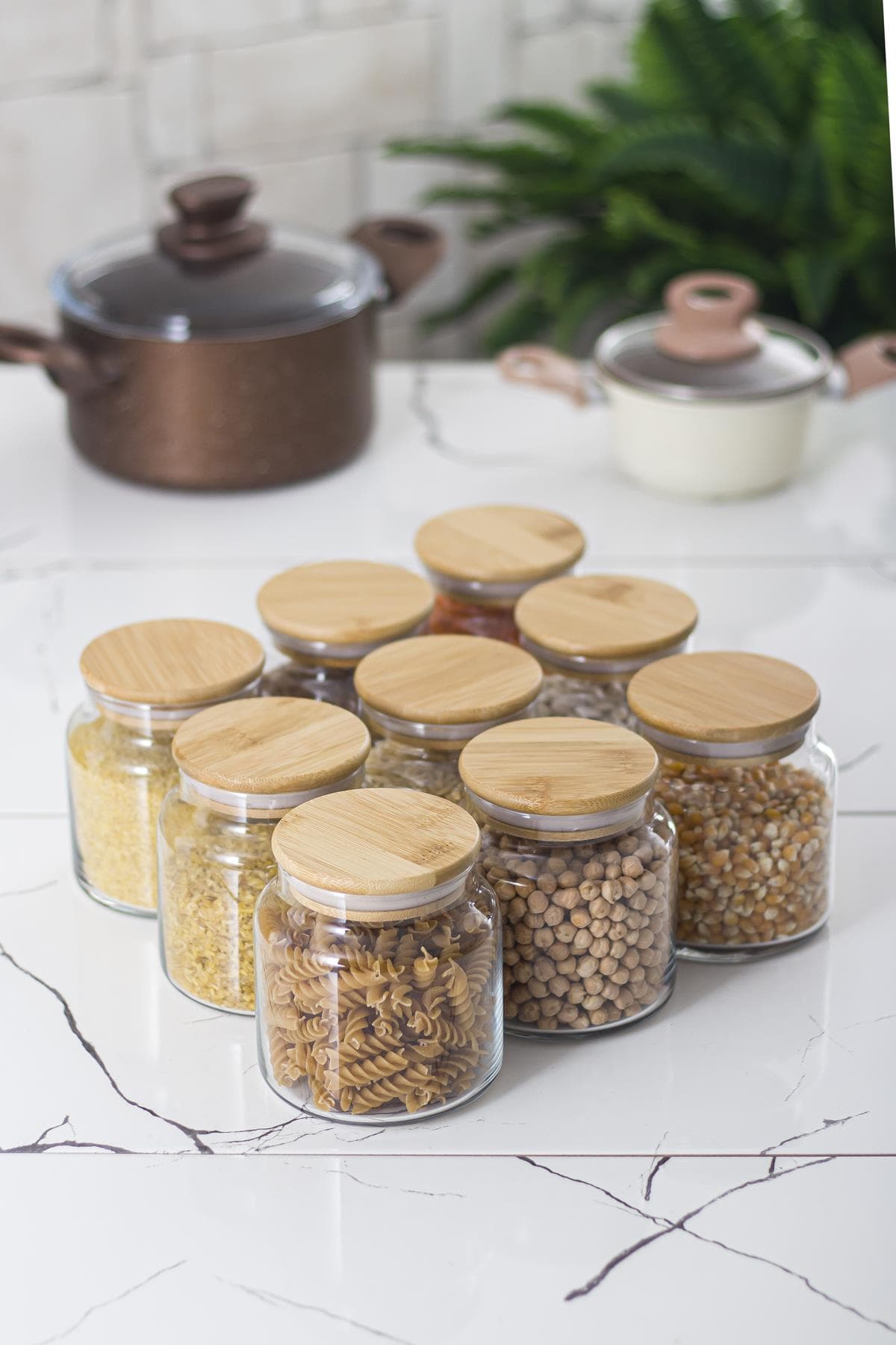 Premium 9'lu Bambu Kapaklı Cam Kavanoz Seti 500 ml - Vakumlu Erzak Saklama