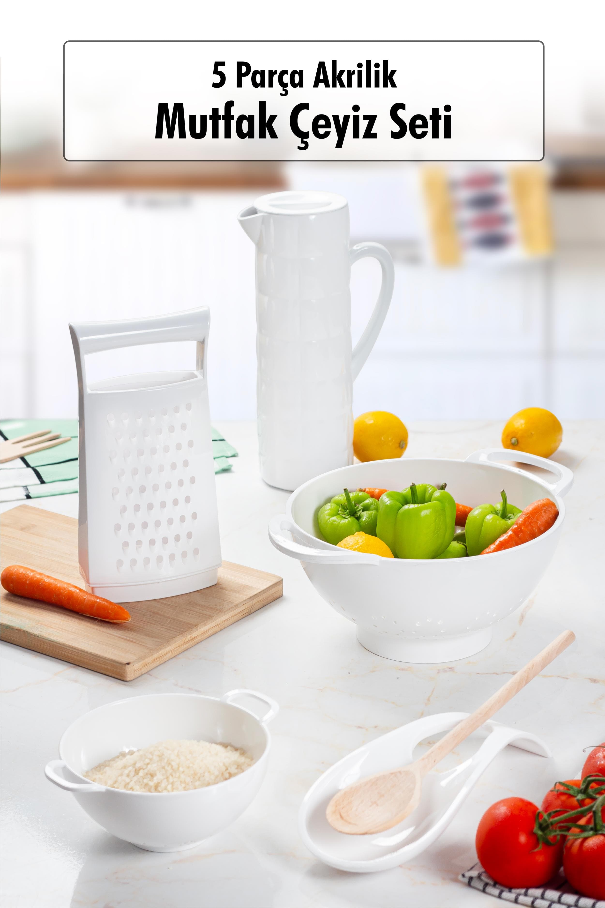 Akrilik Beyaz 5 Parça Sürahi & Rende & Süzgeç & Mini Süzgeç & Kaşıklık & Mutfak Çeyiz Seti
