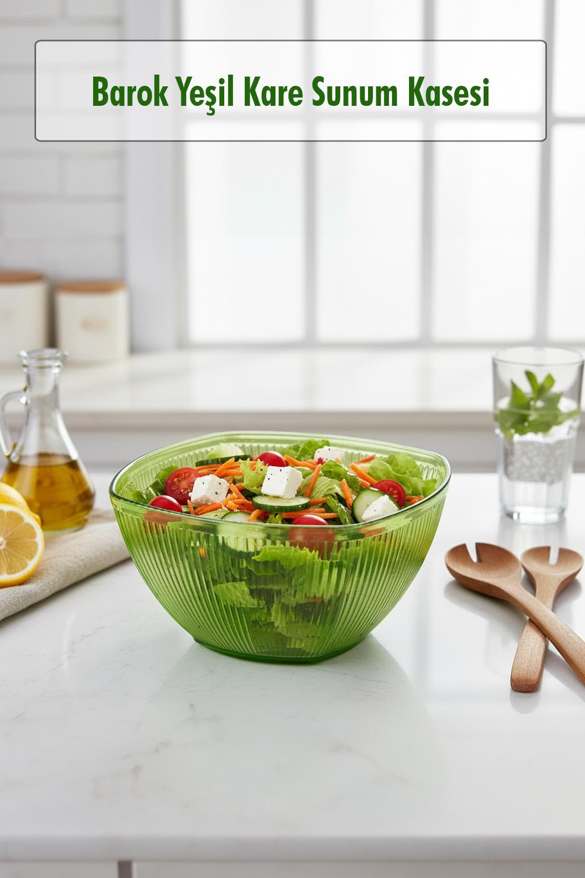 Barok Yeşil Orta Boy Kare Kase & Sunum Kasesi - 1,5 Lt