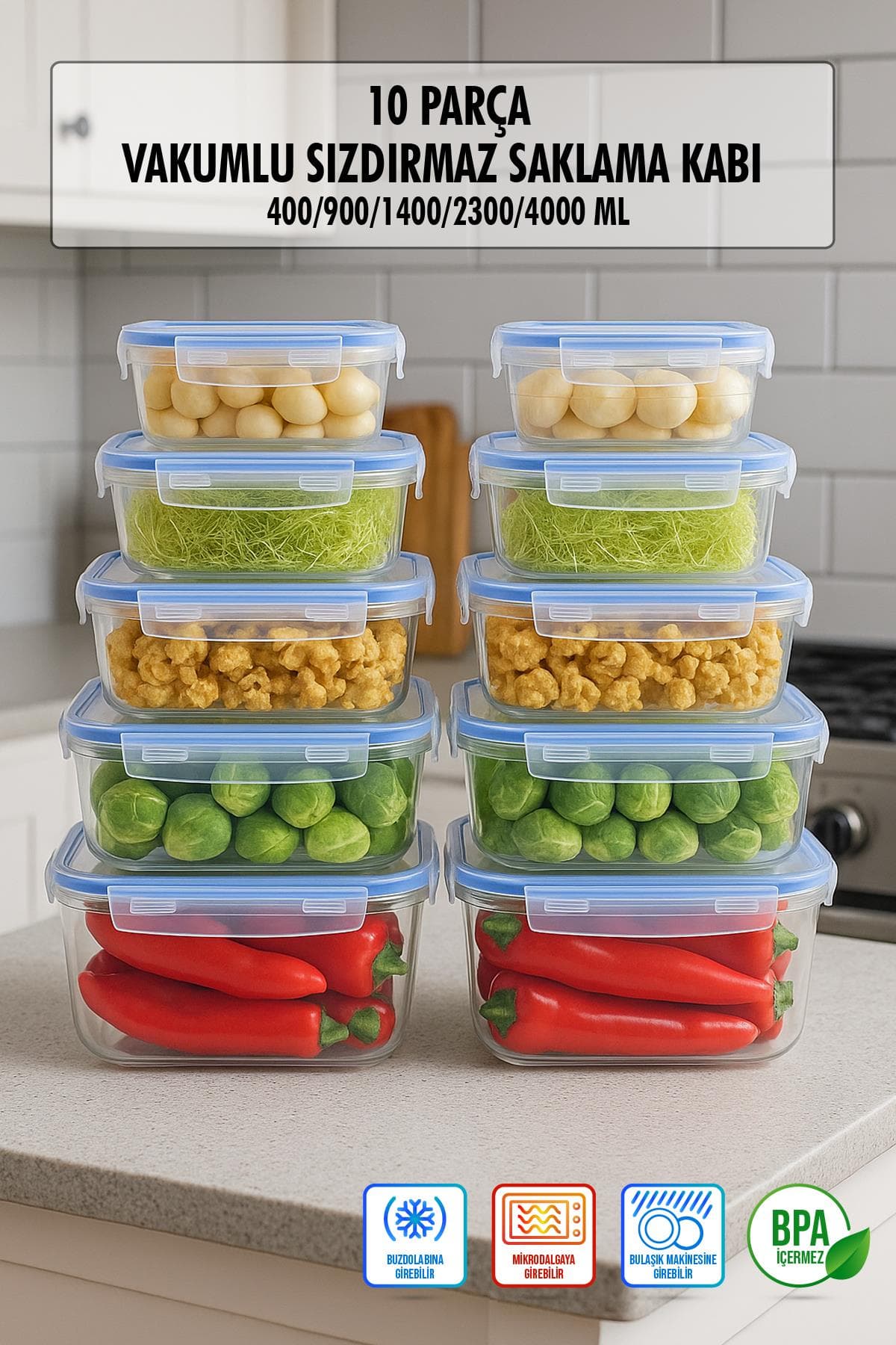 Dikdörtgen 10 Parça Contalı Vakumlu Sızdırmaz Hava Almaz Saklama Kabı Seti 2x(4000/2300/1400/900/400 Ml)