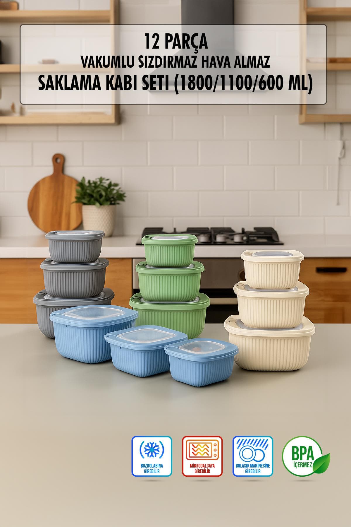 Kare 12 Parça Vakumlu Sızdırmaz Hava Almaz Saklama Kabı Seti Karışık 4x(1800/1100/600 Ml)