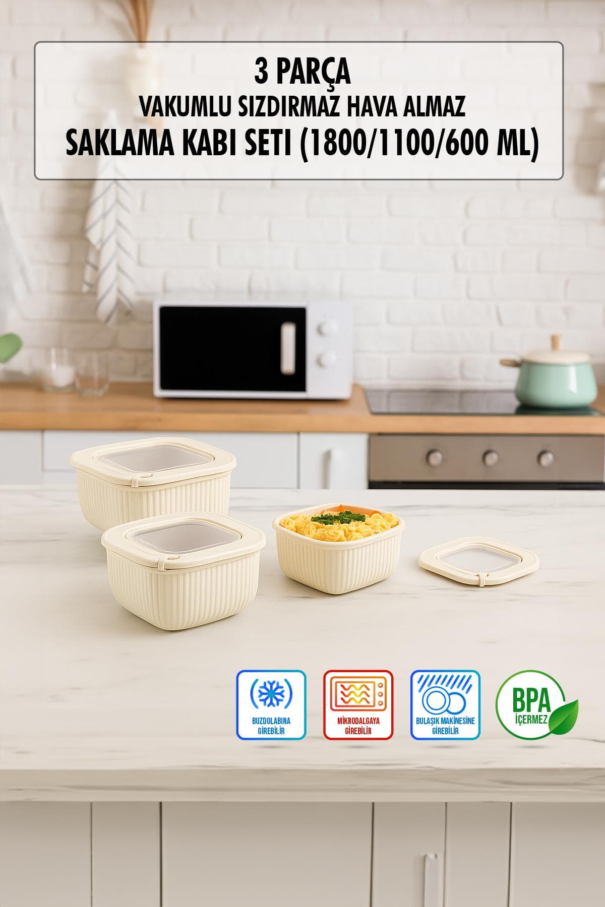 Kare 3 Parça Vakumlu Sızdırmaz Hava Almaz Saklama Kabı Seti Gri (1800/1100/600 Ml)