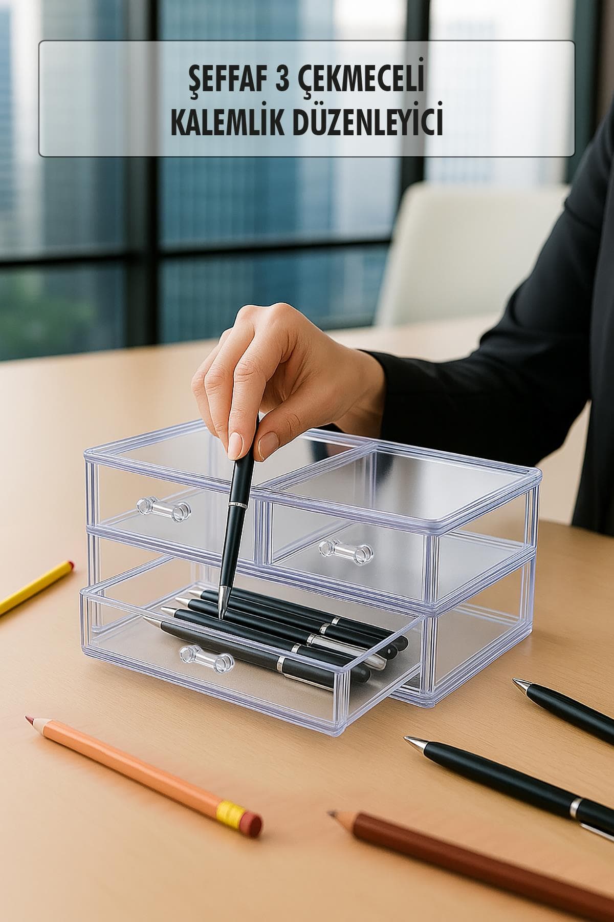 Şeffaf Akrilik 3 Gözlü Çekmece Kalemlik