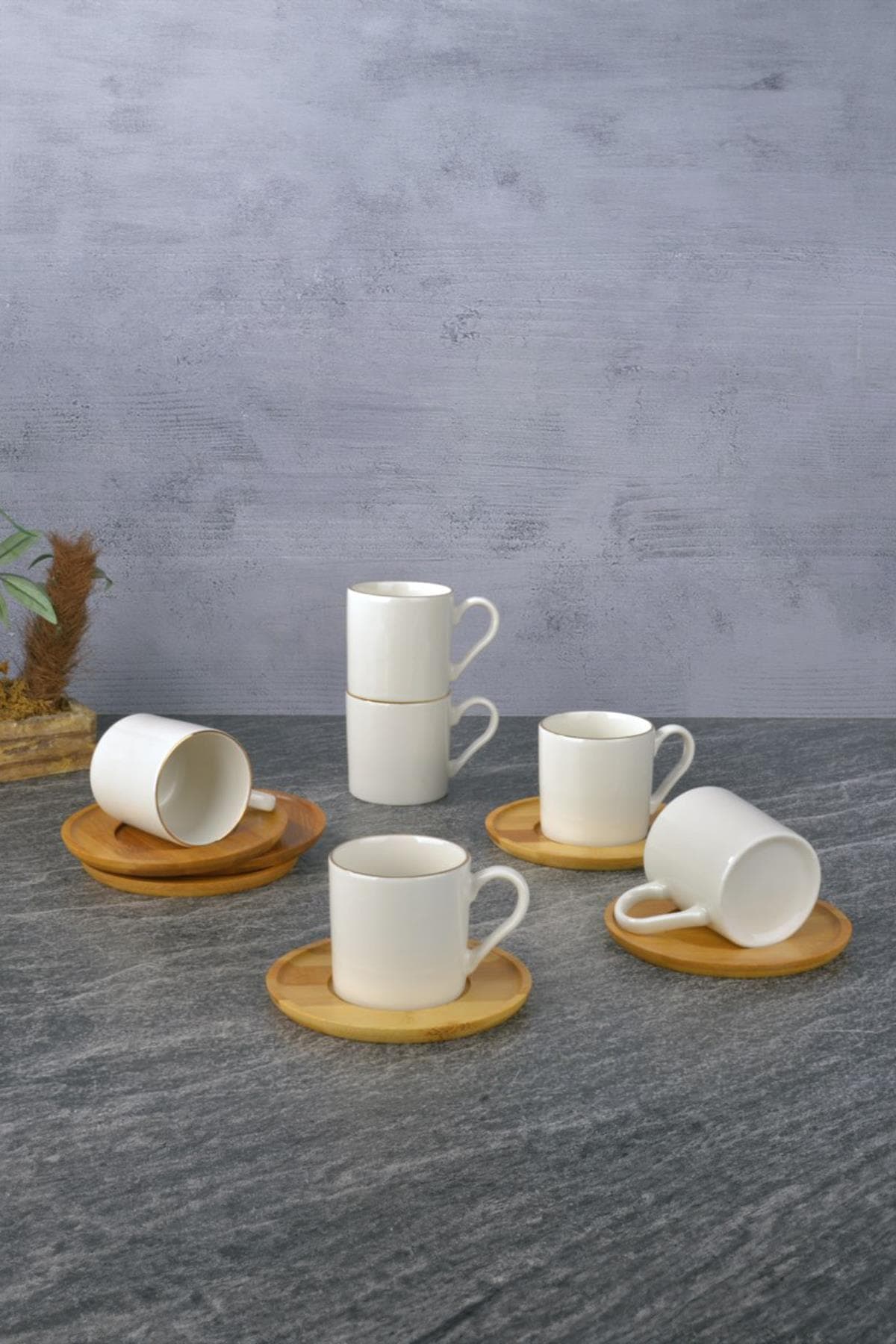 6 Lı Bambu Tabaklı Porselen Kahve Fincanı Seti