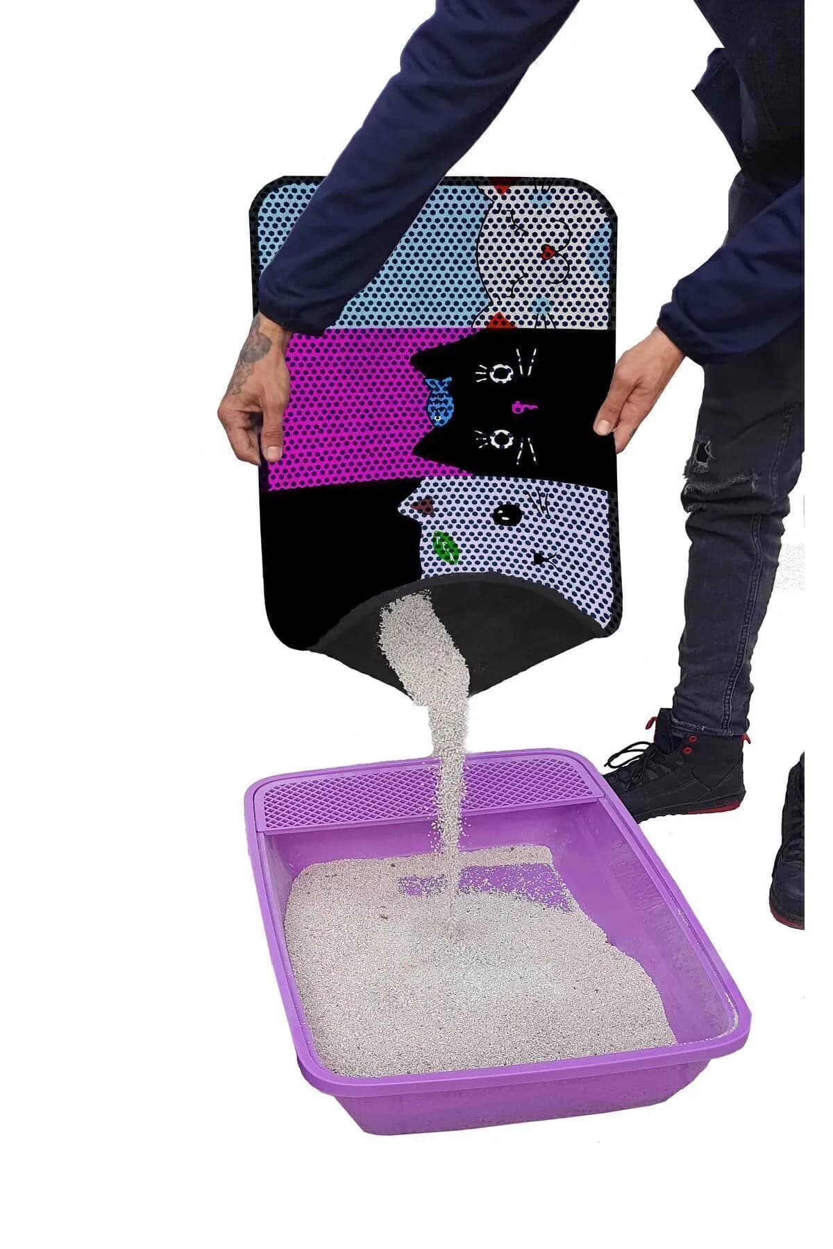 Renkli Kedi Desenli Kedi Kumu Paspası 60x80 cm - Yıkanabilir, Elekli