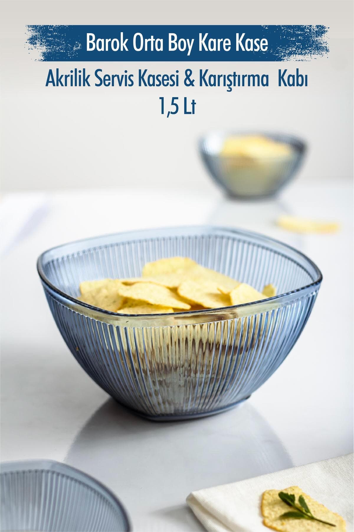 Barok Lacivert Kare Çok Amaçlı Akrilik Salata Kasesi & Karıştırma Kabı 1.5 Lt