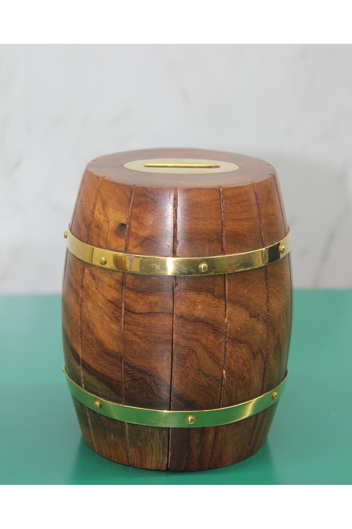 Pirinç Detaylı Fıçı Kumbara - Dekoratif Para Saklama Kutusu Ev & Ofis İçin
