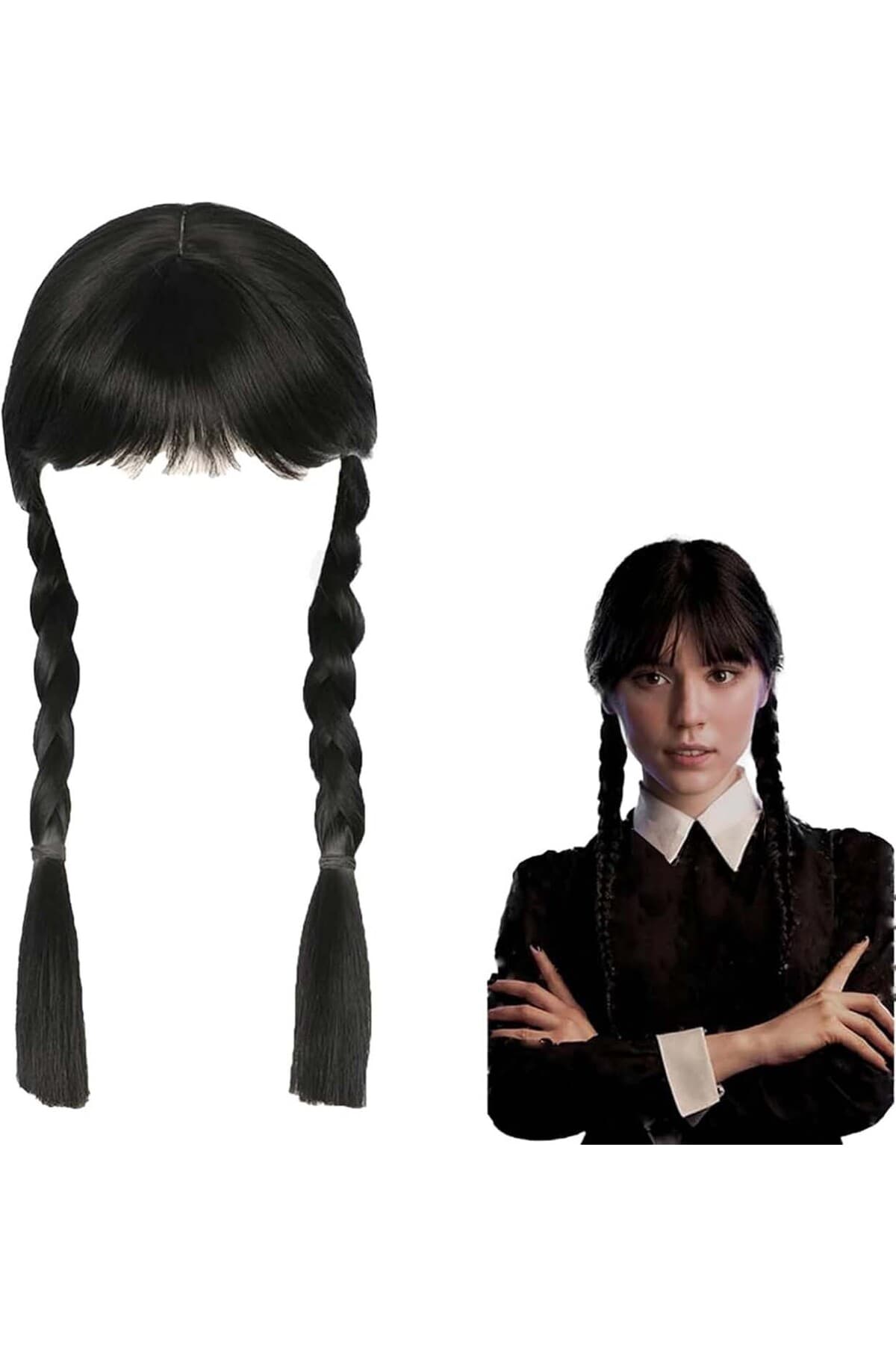 Wednesday Addams Siyah Örgülü Peruk - Kostüm Partisi ve Temalı Doğum Günü Aksesuarı