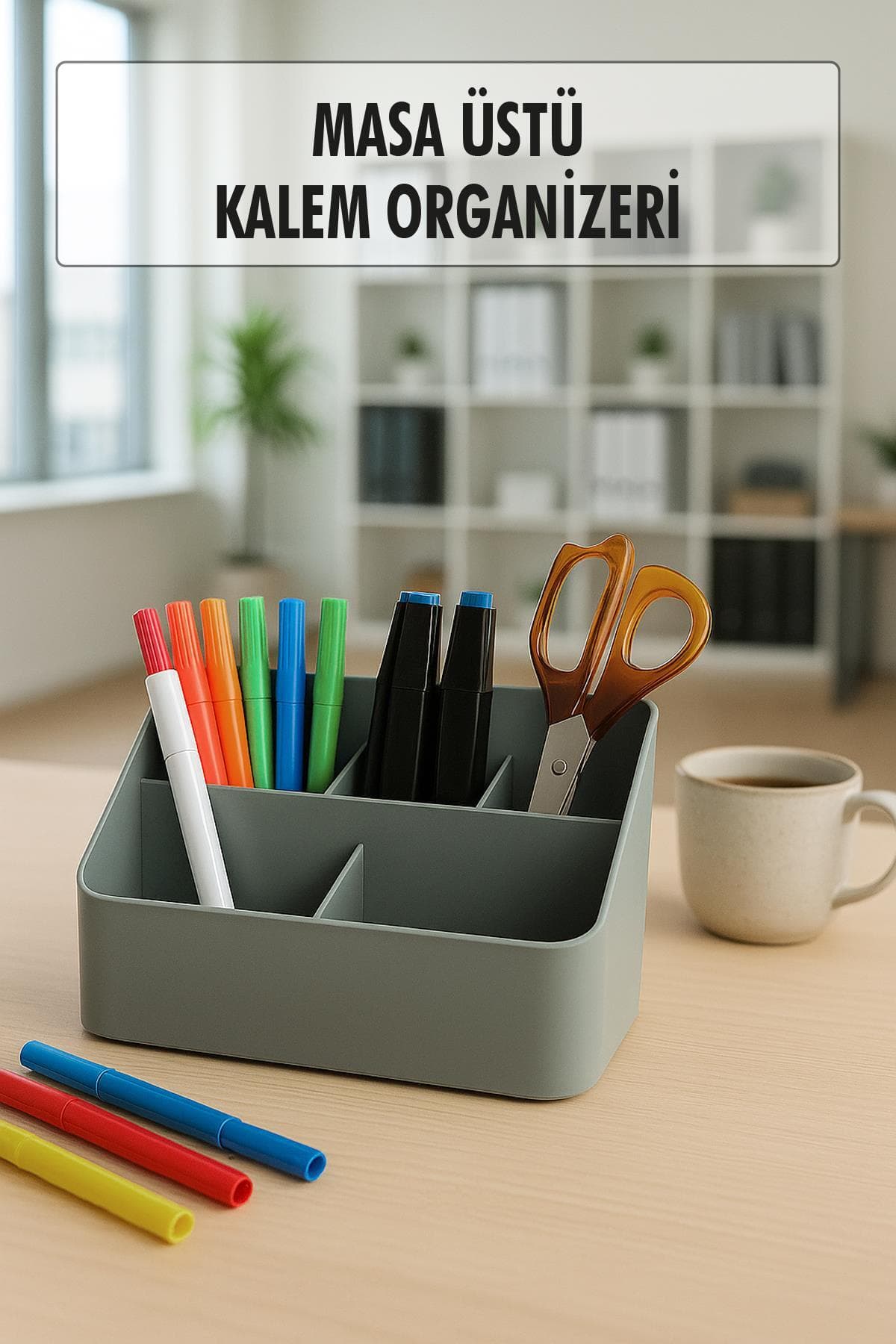 Gri Çok Bölmeli Masaüstü Organizer Kalemlik | Ofis ve Çalışma Masası Düzenleyici