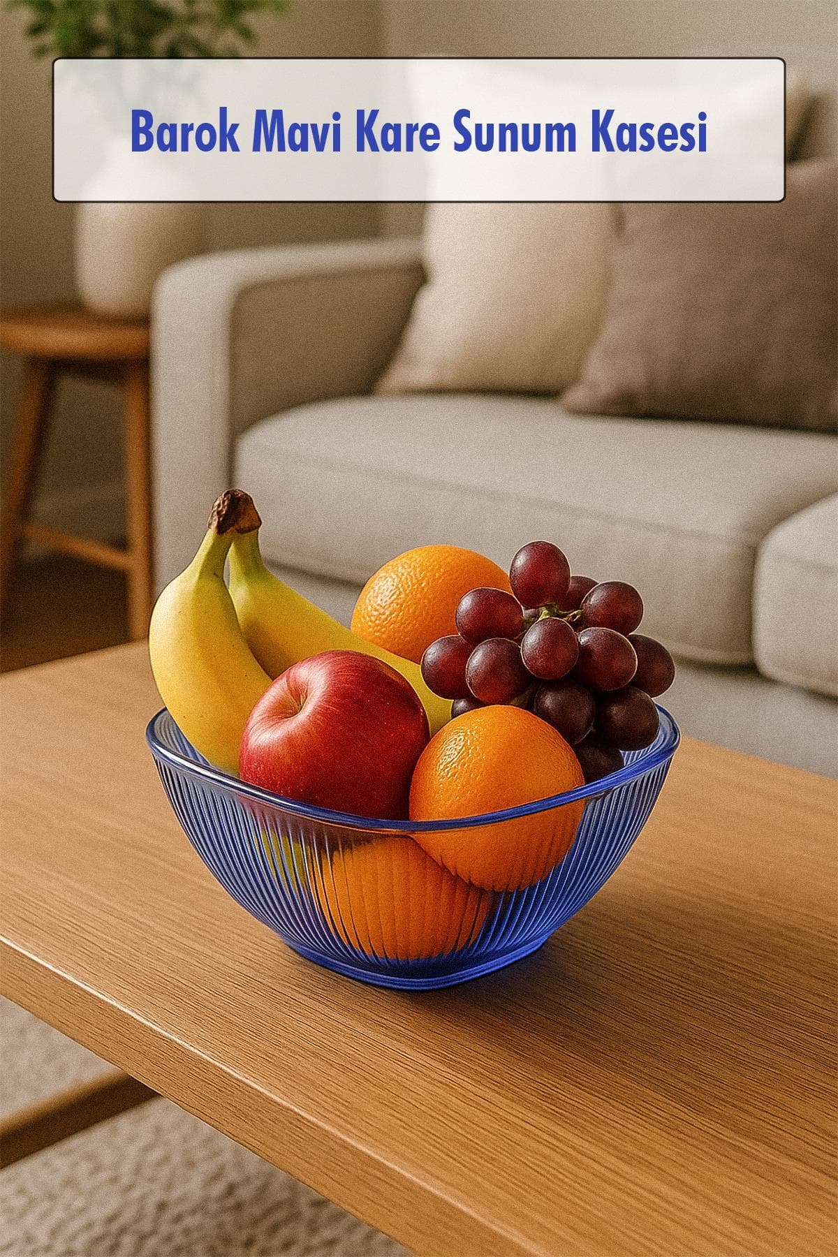 Mavi Barok Desenli Kare Sunum Kasesi, Kırılmaz Akrilik Salata Kasesi 1.5 Lt