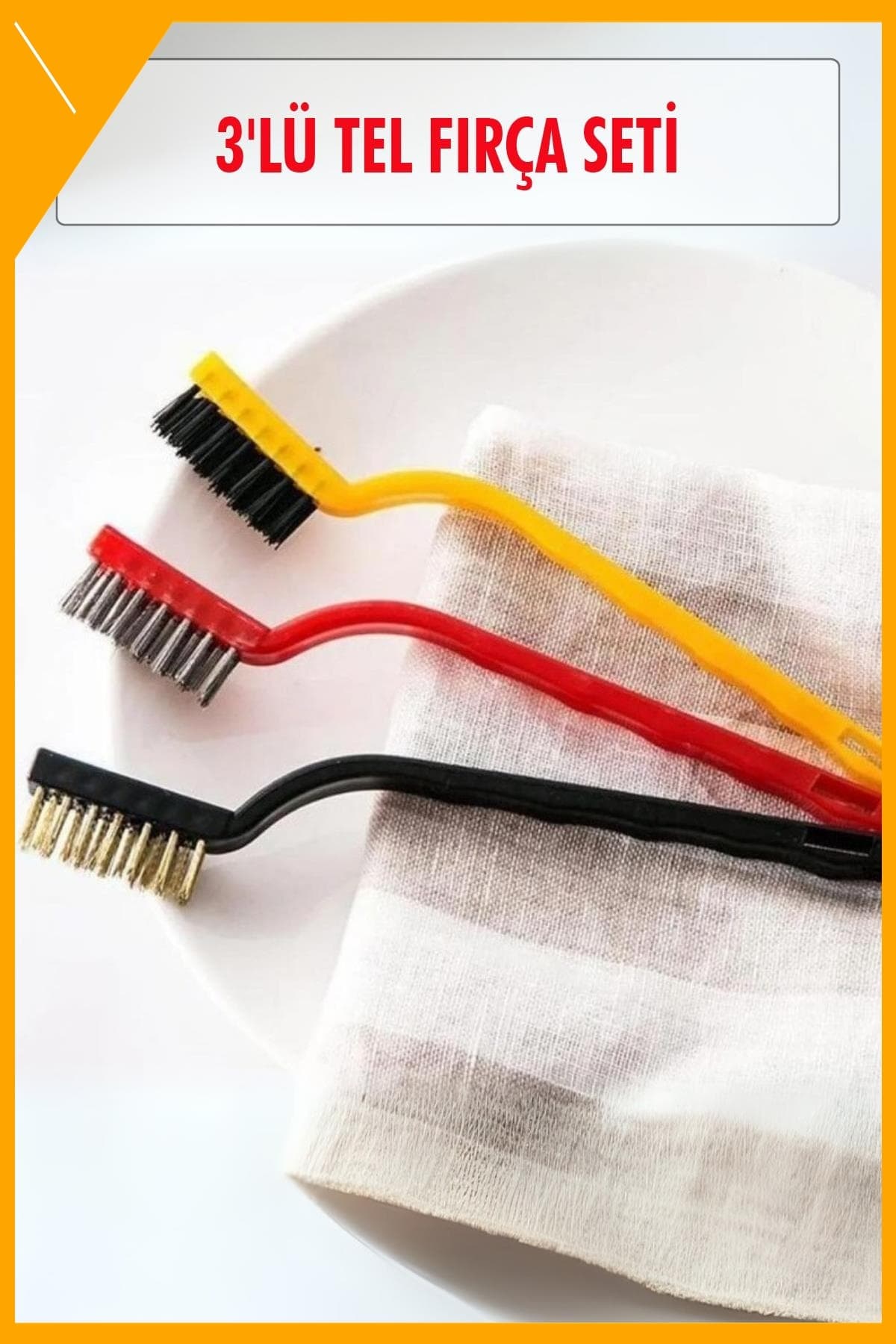 3'lü Çok Amaçlı Tel Fırça Seti Metal Plastik Naylon Kıllı Pas Kir Sökücü
