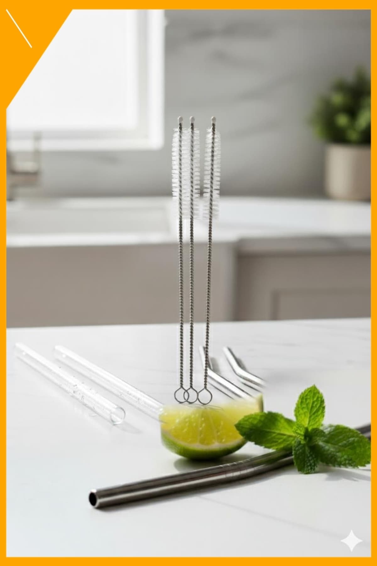 3'lü Paslanmaz Çelik Pipet Temizleme Fırçası Seti | Metal, Cam, Bambu Uyumlu